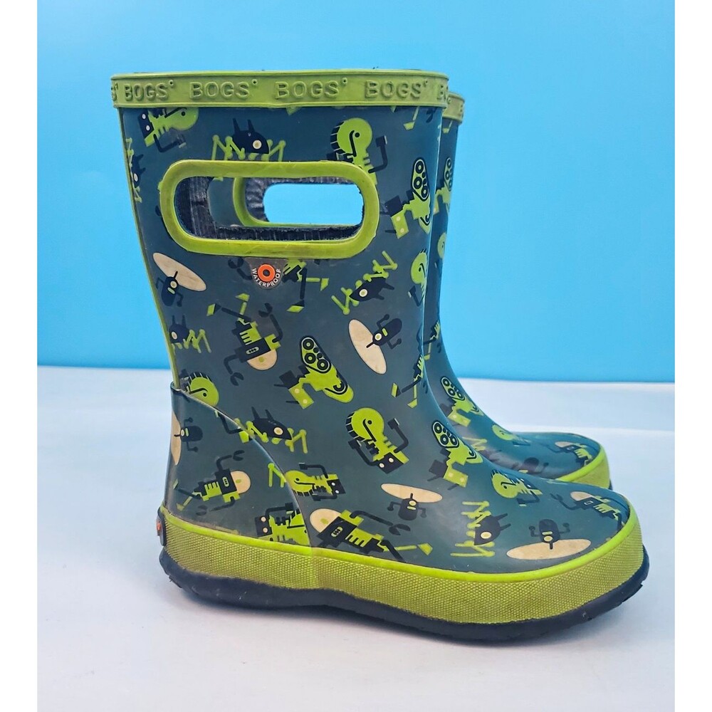 BOGS Robots Kids Waterproof Rubber Rain Boots Green US 11 EU 27 Puddle Stomper